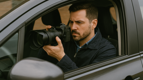 Private investigator conducting surveillance with a camera from a car window — discreet evidence collection by Spousebusters.
