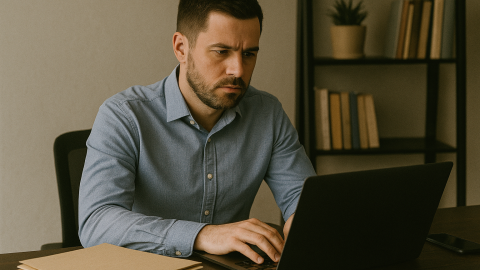 Private investigator conducting background checks and reviewing digital records on a laptop — Spousebusters Australia.
