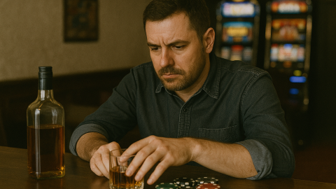 Man sitting at a bar with alcohol and poker chips, representing alcohol and gambling investigation services by Spousebusters.