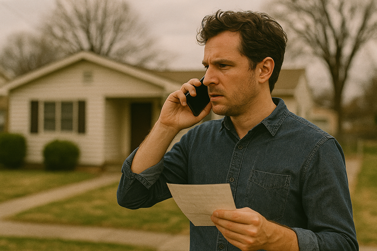 Private investigator on the phone while holding a document outside a house, representing skip tracing and person-locating services by Spousebusters.